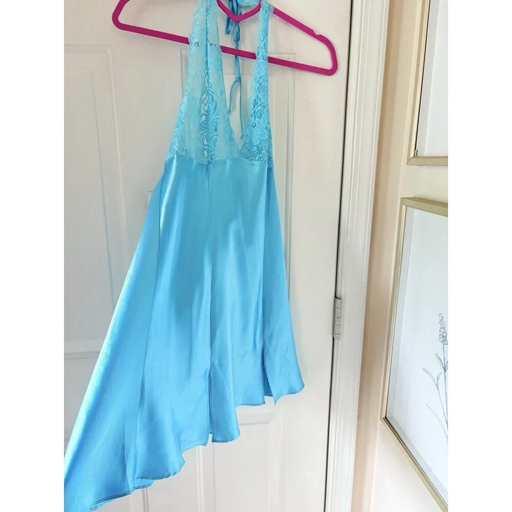VTG Frederick’s of Hollywood Blue Satin Lace Dress Lingerie Size L Sexy Backless - Picture 9 of 11